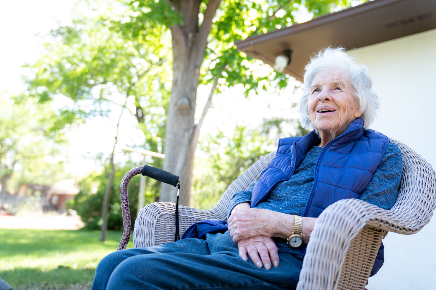 Beautiful 90 Plus Year-Old Elderly Senior Caucasian Woman Sitting Outdoors in Shade in the the Summer